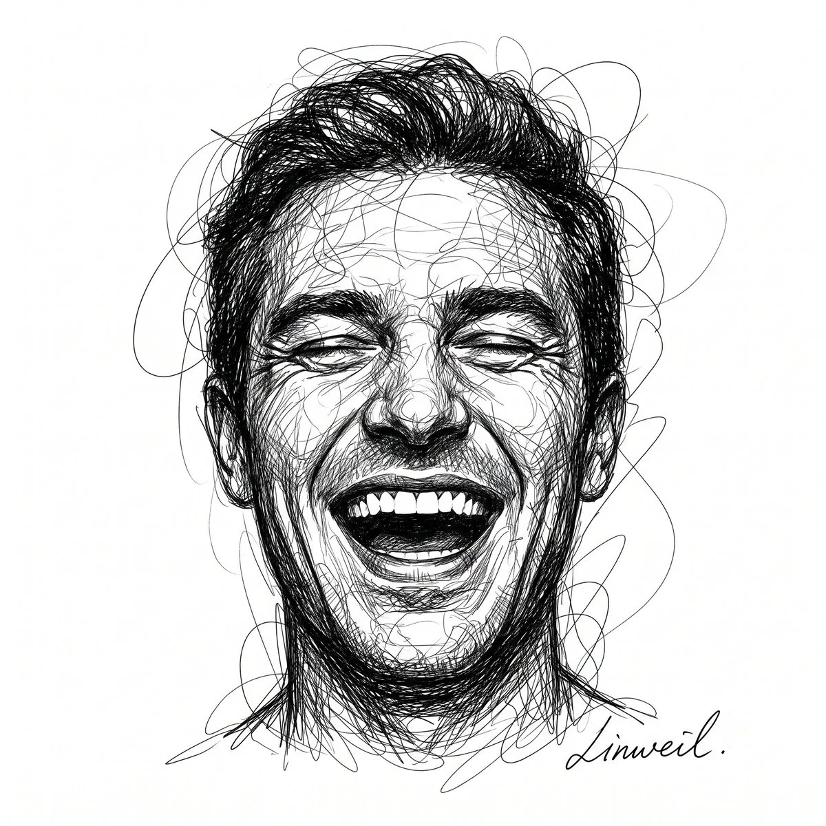 A chaotic ink scribble captures a laughing man with closed eyes.