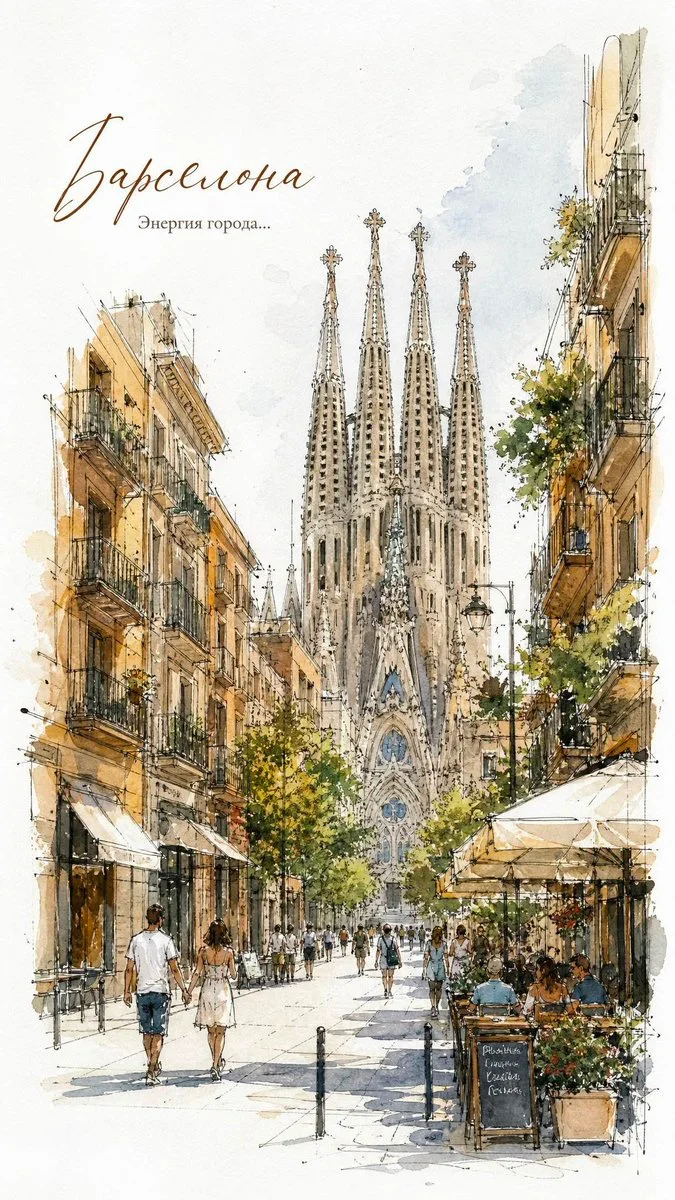 A charming European street scene with outdoor cafés and strolling pedestrians