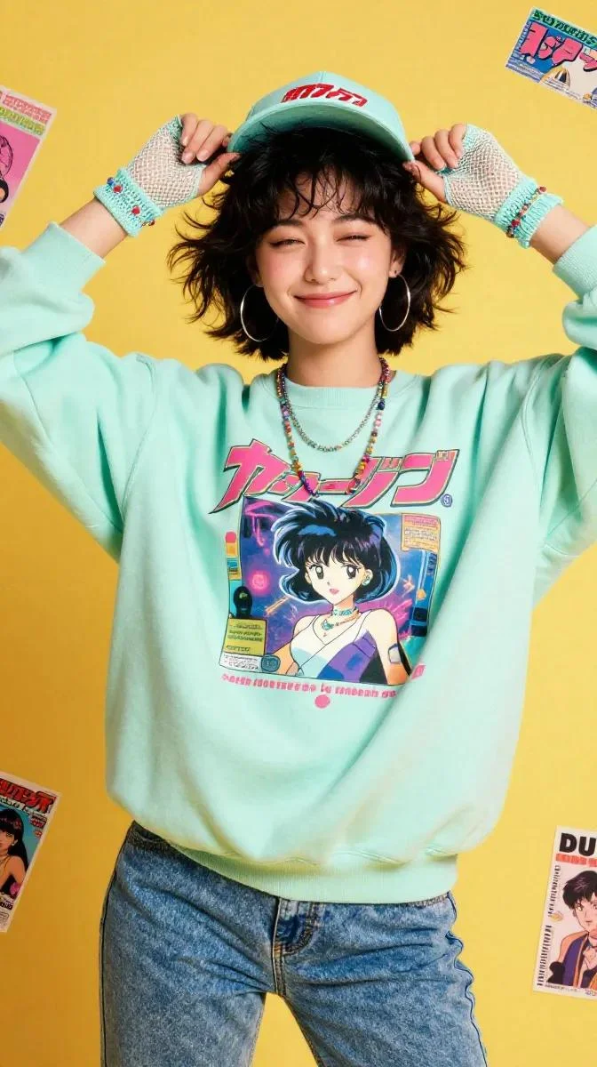 A cheerful girl in pastel sweatshirt poses for kawaii fashion shoot