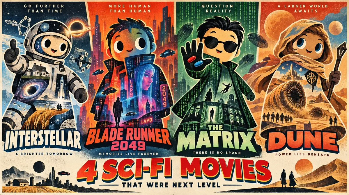 A cheerful mascot collages iconic sci-fi movie scenes in flat paper-cut style
