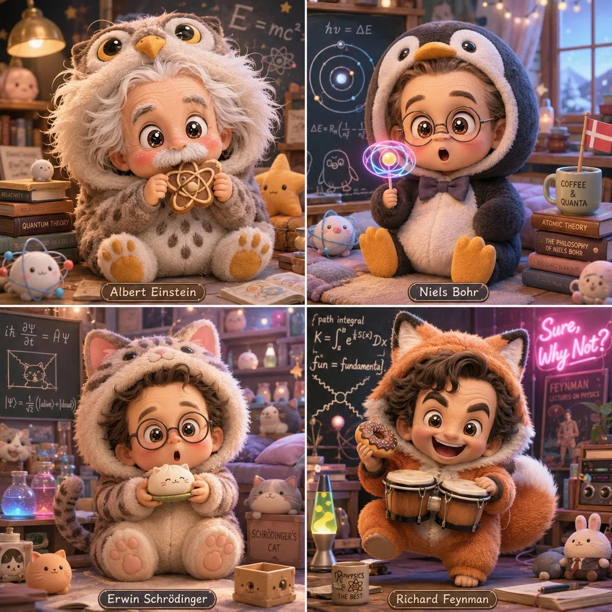 A chibi Albert Einstein nibbles a cookie in a bear onesie
