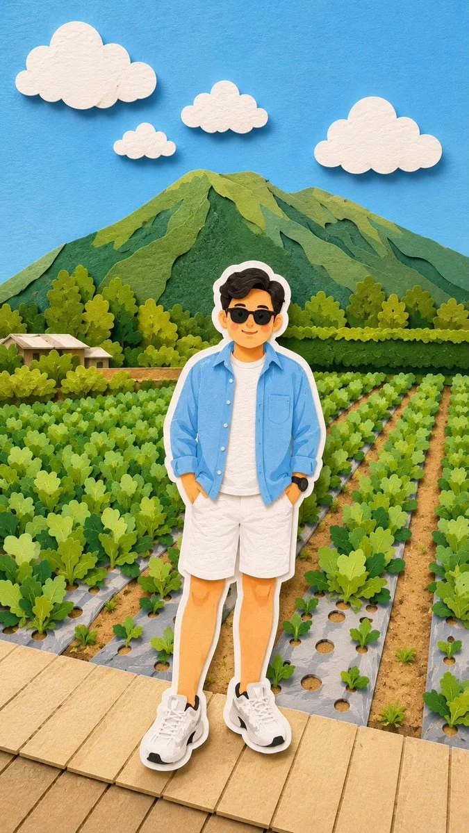 A chibi boy and girl explore a layered paper farm with mountains