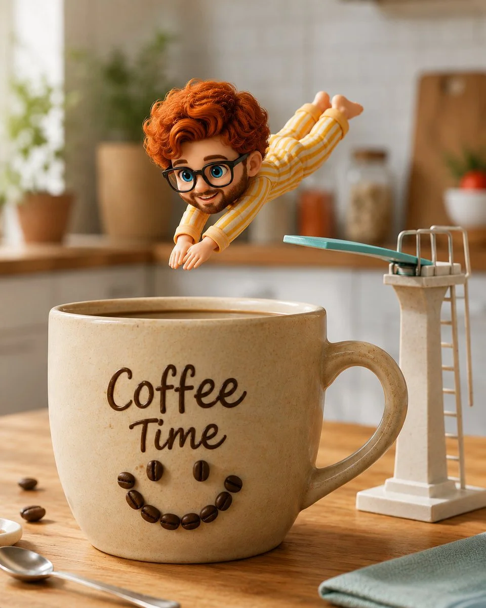 A chibi man in yellow pajamas dives into a giant coffee mug
