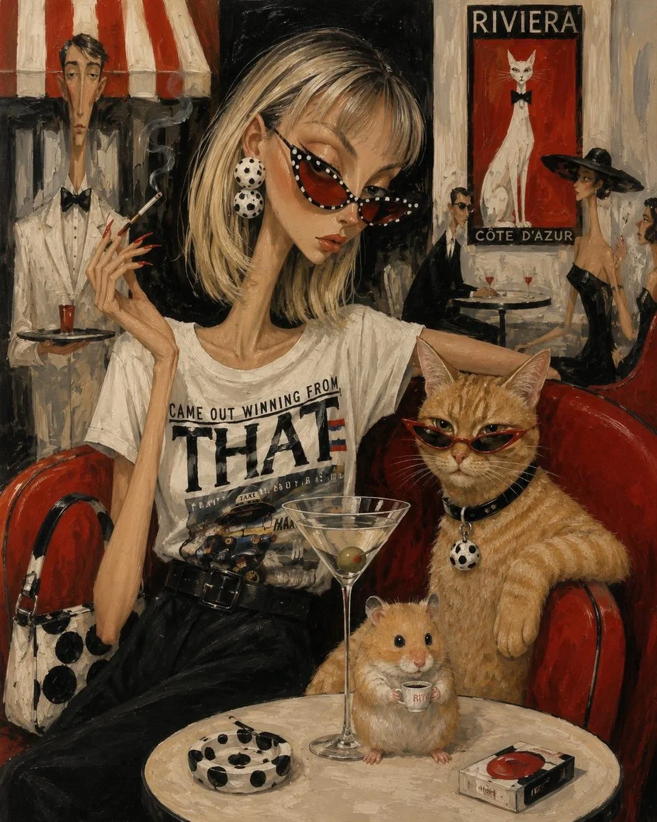 A chic fashionista and her orange tabby cat lounge in a glamorous Riviera café.
