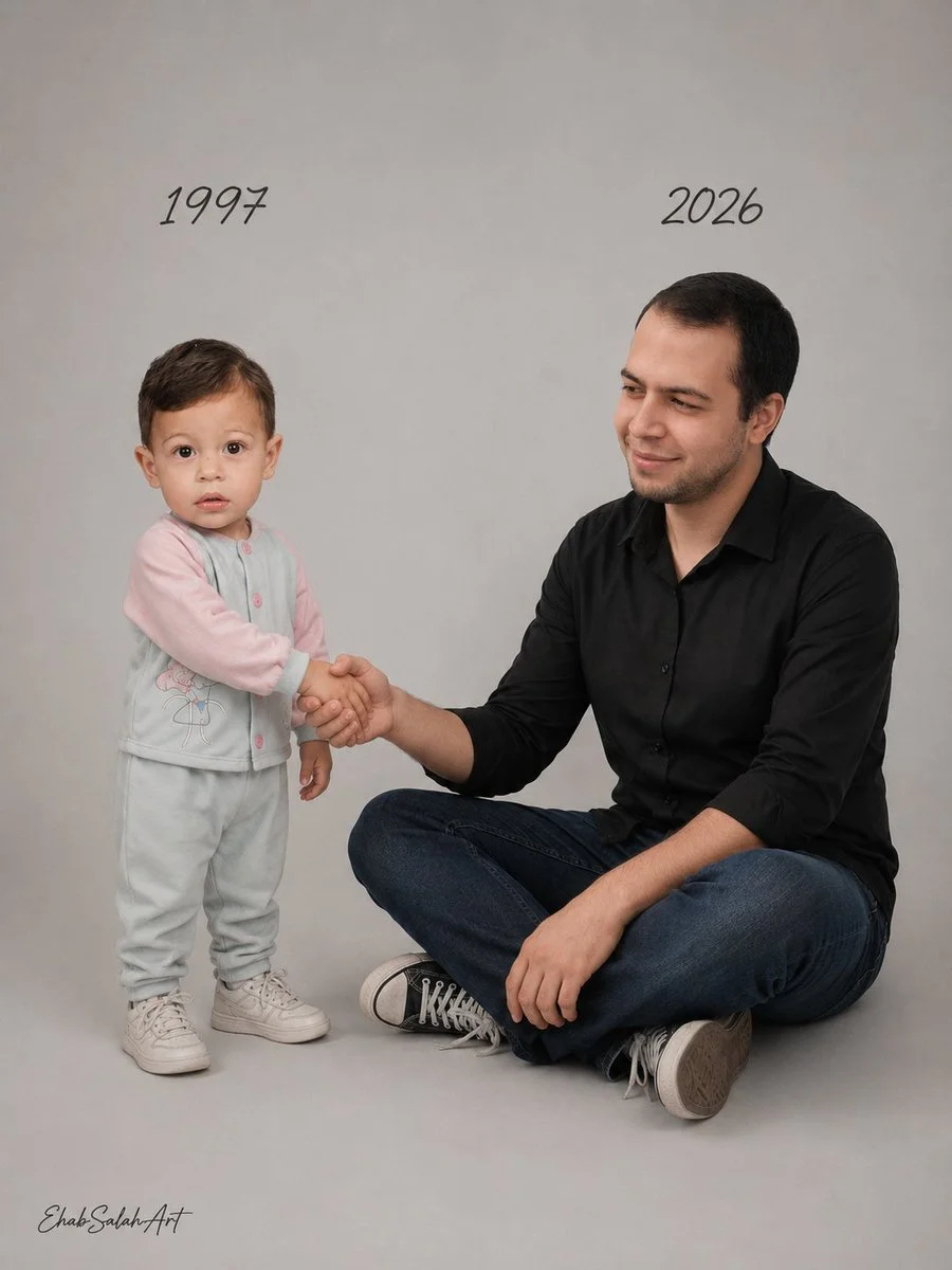 A child from 1997 shakes hands with their 2026 self