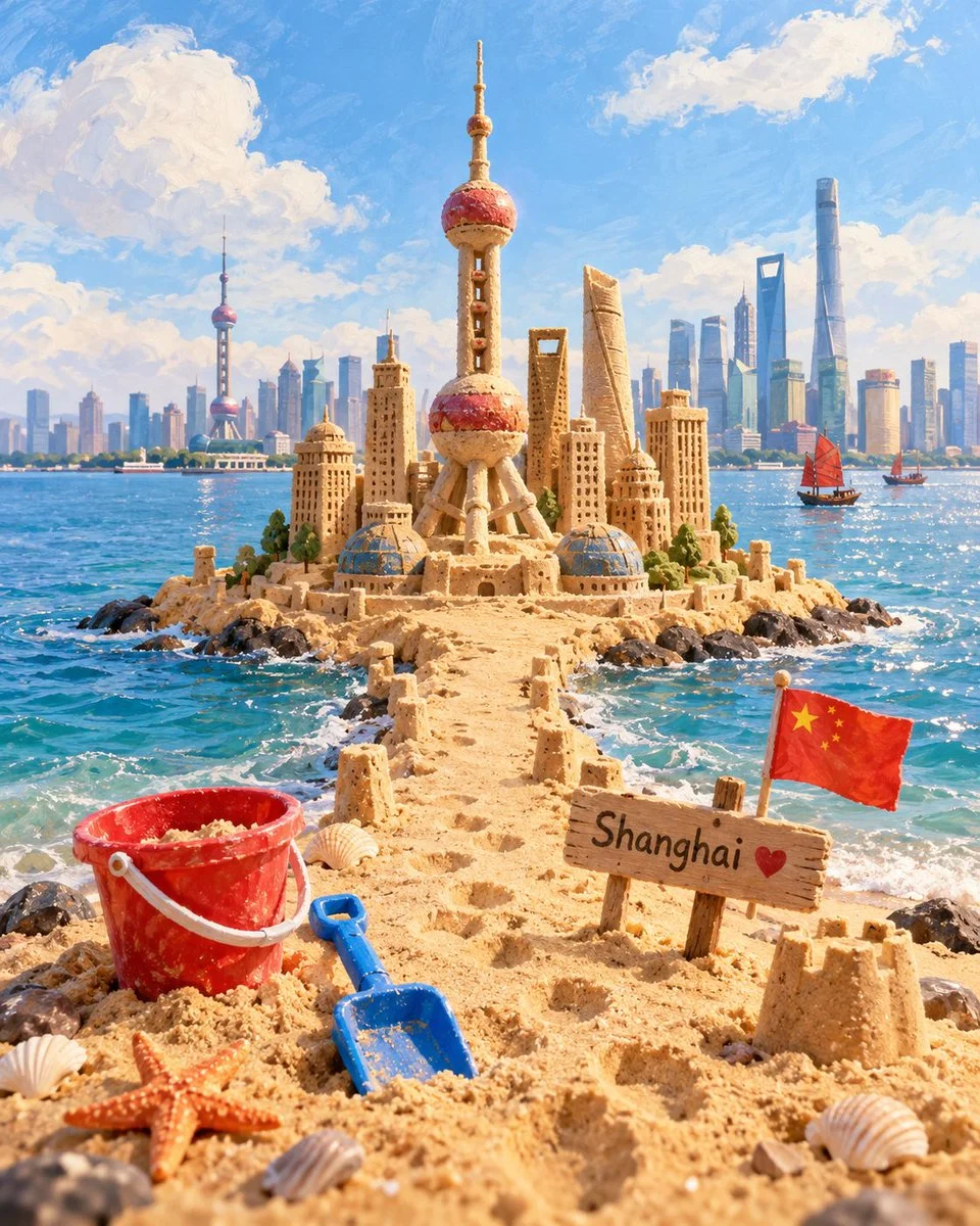 A child's sandcastle landmark stands by the turquoise sea