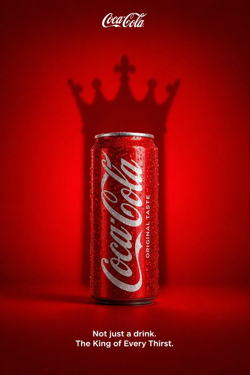A chilled Coca-Cola can casts a royal shadow on red backdrop