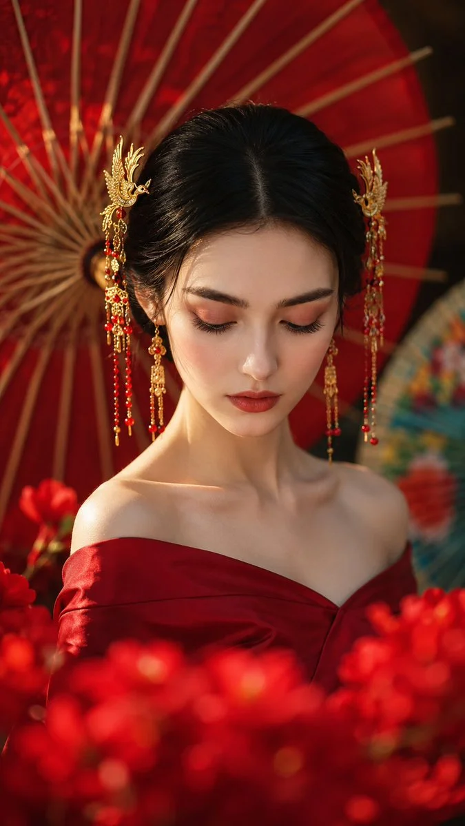 A Chinese princess in a crimson gown closes her eyes gracefully