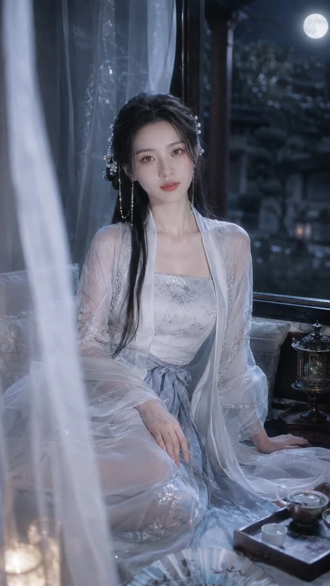 A Chinese woman in moon-white hanfu sits by a moonlit window