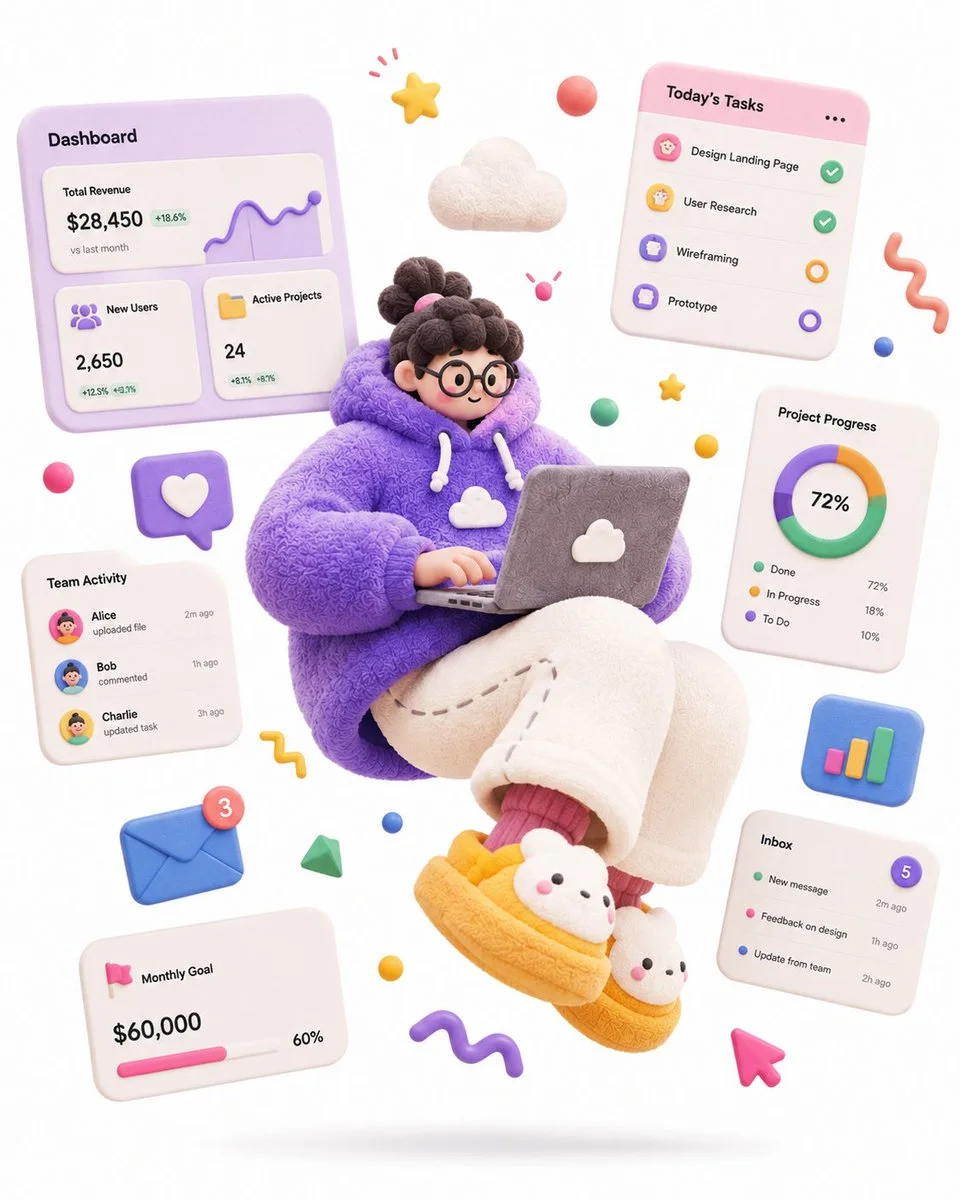 A chubby designer floats mid-air with a laptop and charts
