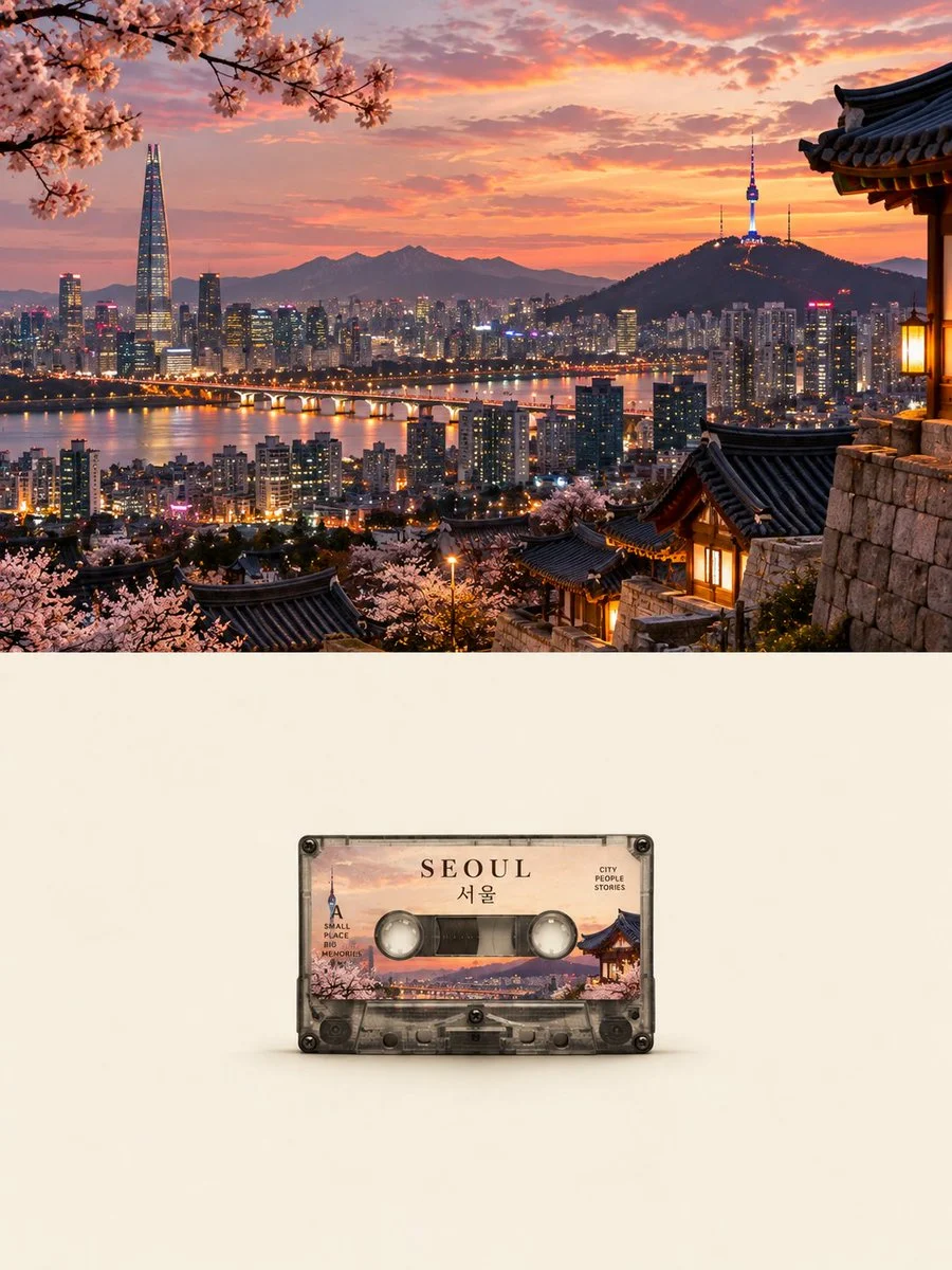 A Cinematic Photograph of Japan Above a Tiny Vintage Cassette