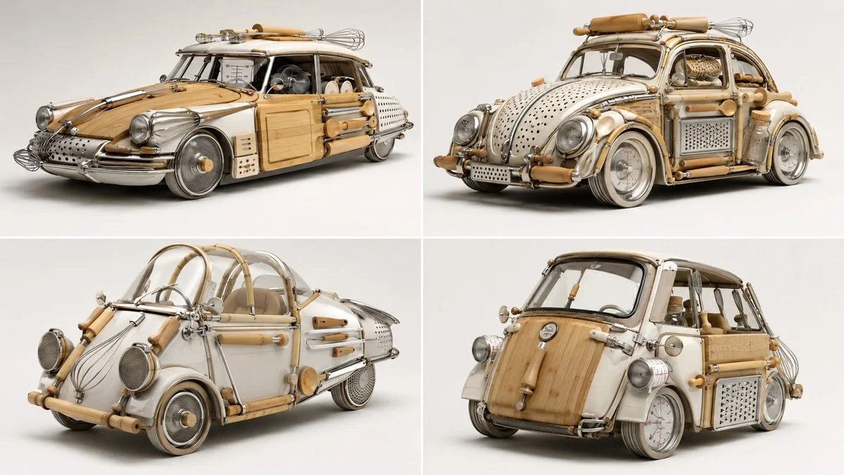 A classic vintage car built entirely from kitchen tools