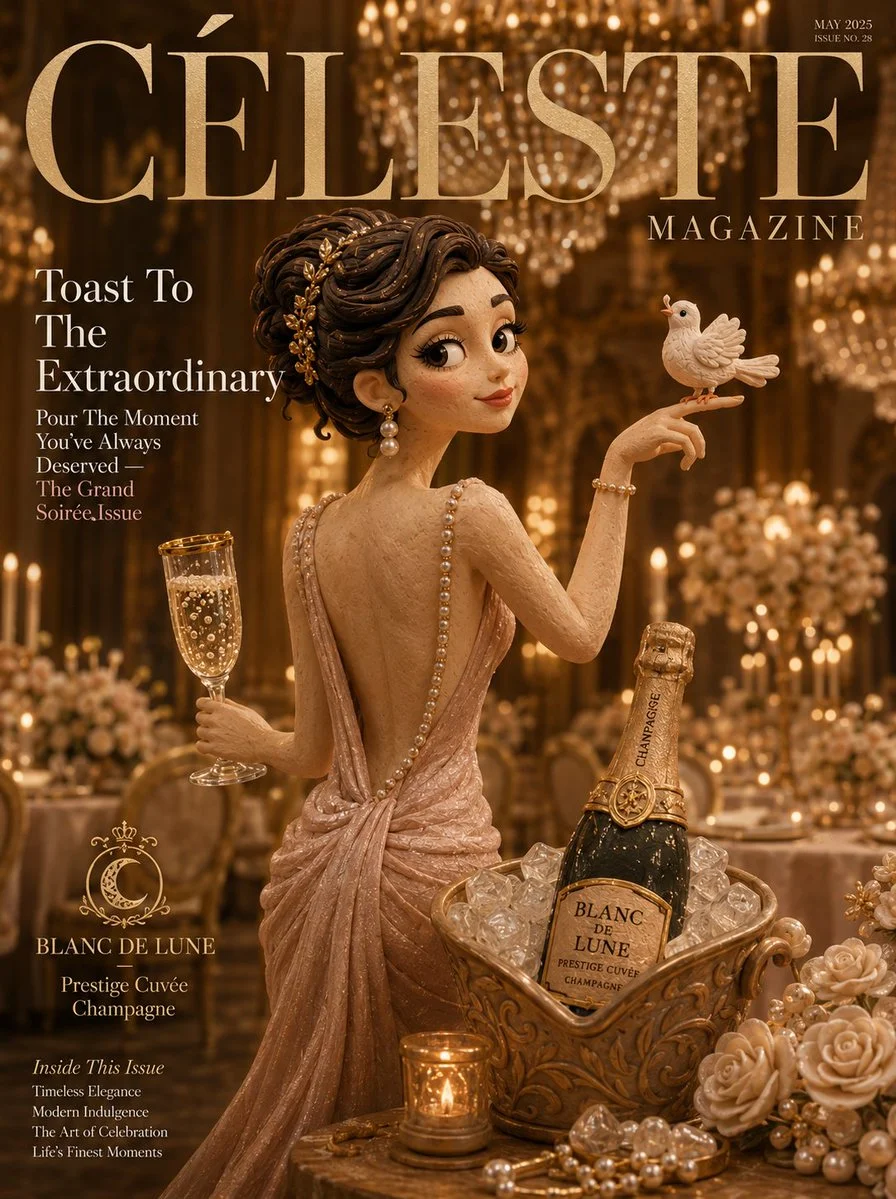 A claymation woman in a backless gown holds a champagne flute
