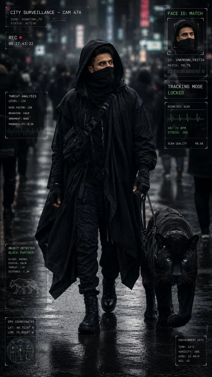 A cloaked figure walks with a black panther through a rainy cyberpunk street