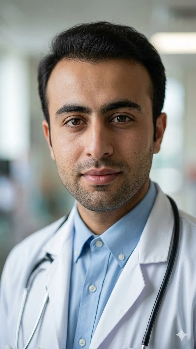 A close-up portrait of a doctor in a blue shirt and white coat