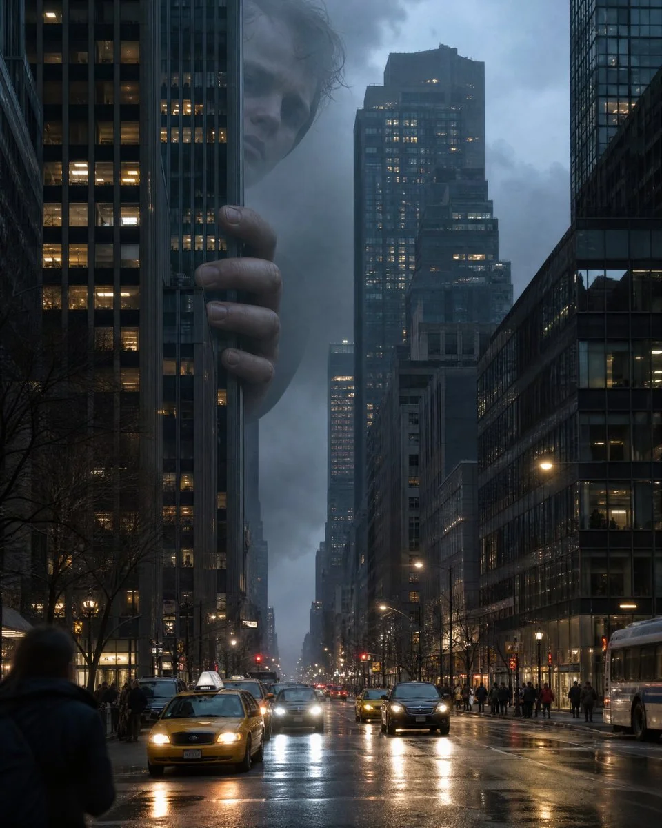 A colossal human figure looms behind city skyscrapers at blue hour