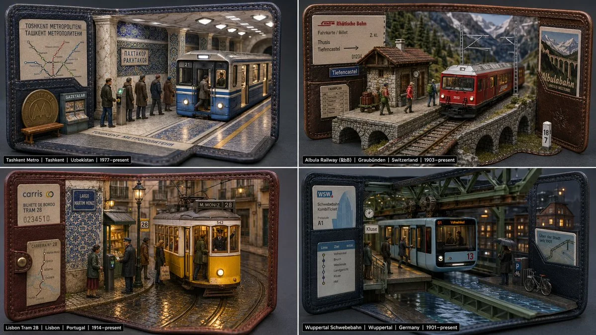 A commuter's ticket wallet unfolds into a miniature rail station at dawn.