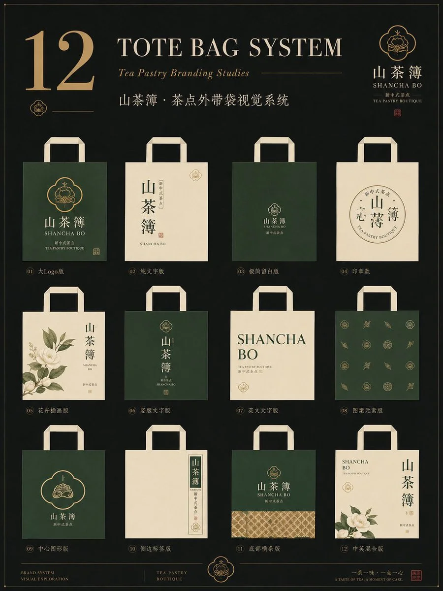 A complete brand packaging system with twelve takeout bag designs