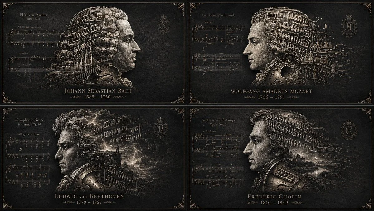 A composer's silhouette emerges from engraved musical notation.