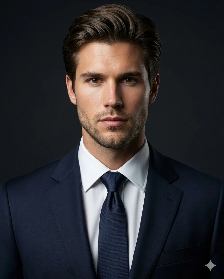 A confident CEO in a tailored dark suit stares directly at you