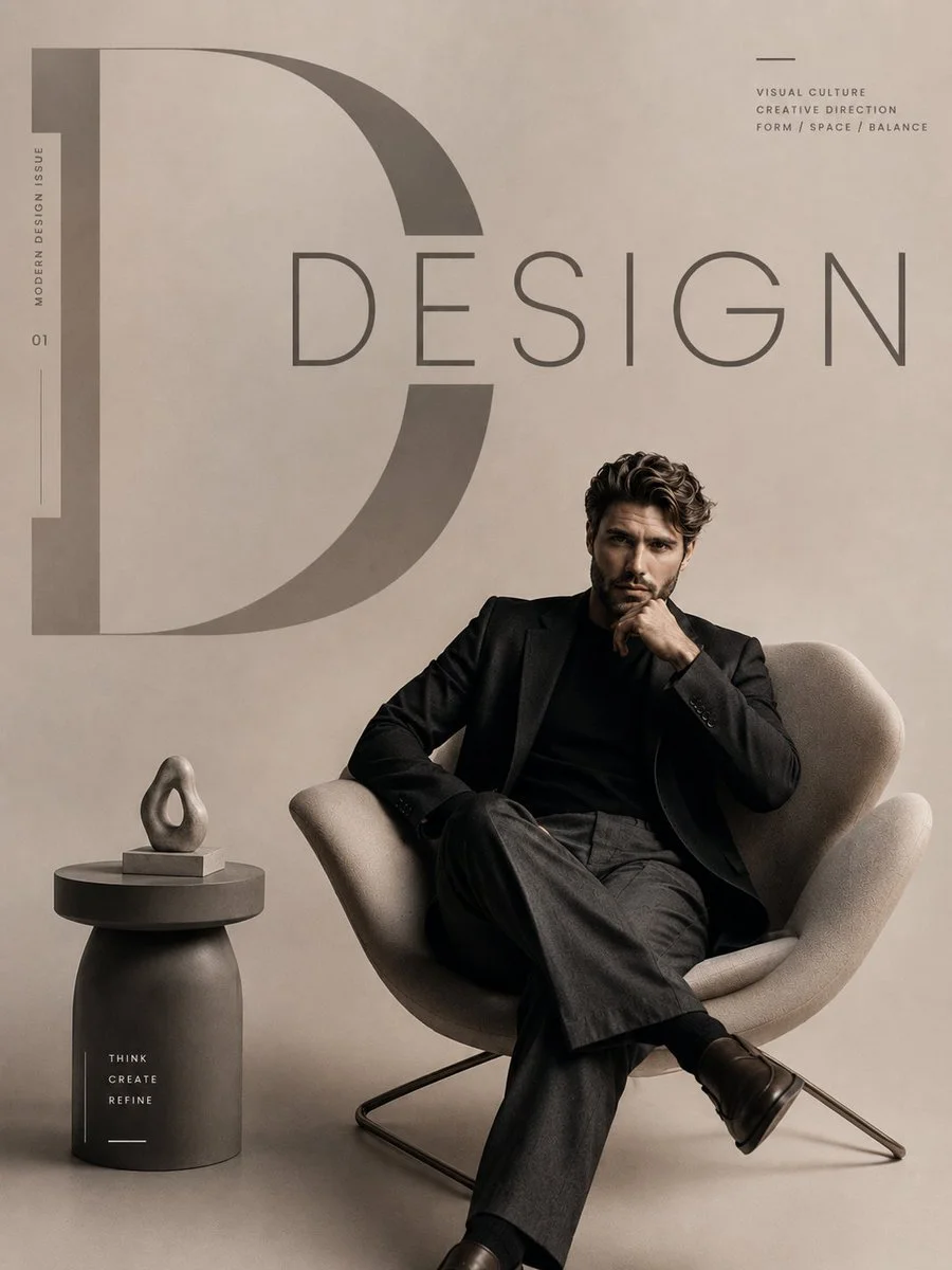 A confident creative director sits in a minimalist designer chair