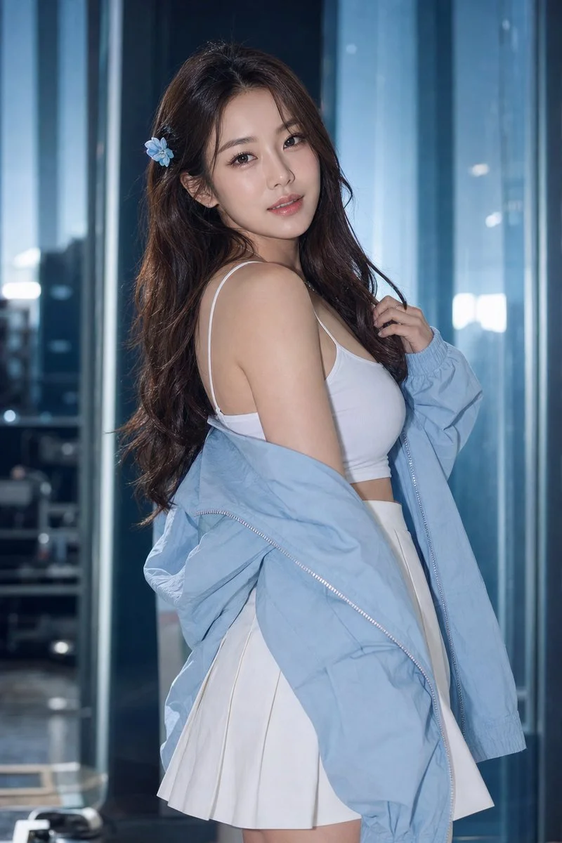 A confident East Asian woman in white poses with blue floral accessory