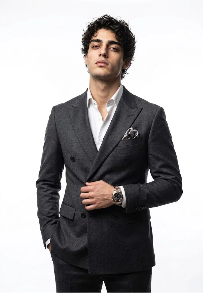 A confident executive adjusts his blazer lapel in studio light