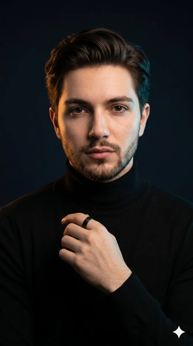 A confident executive in black turtleneck poses with dual lighting