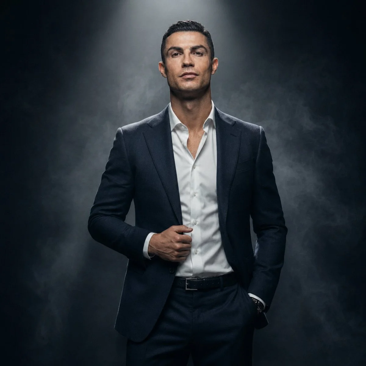 A confident executive in navy suit stands beneath dramatic spotlight.