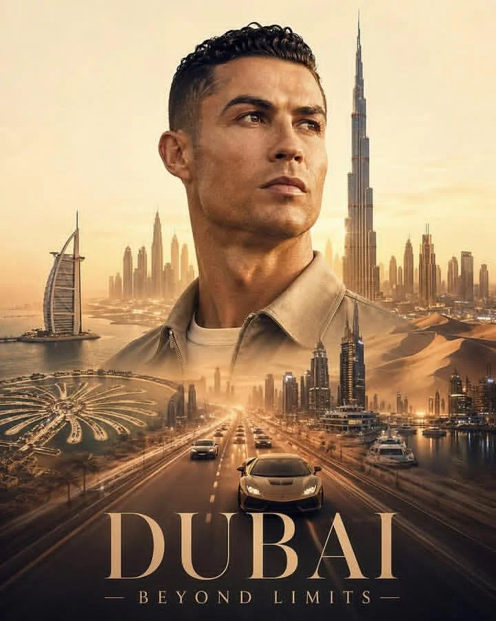 A confident footballer in beige overlooks Dubai's golden skyline.