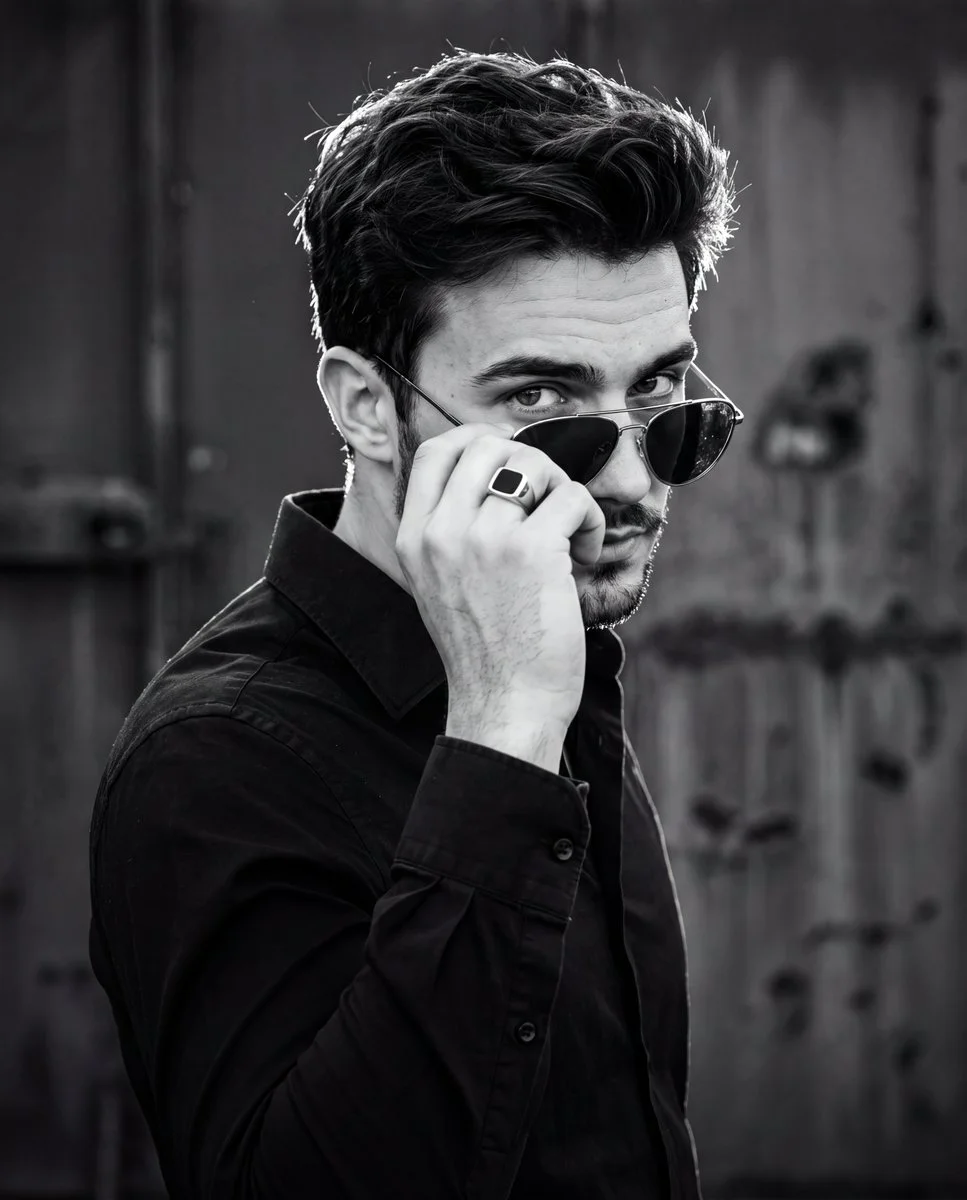 A confident man grips his aviator sunglasses in dramatic monochrome