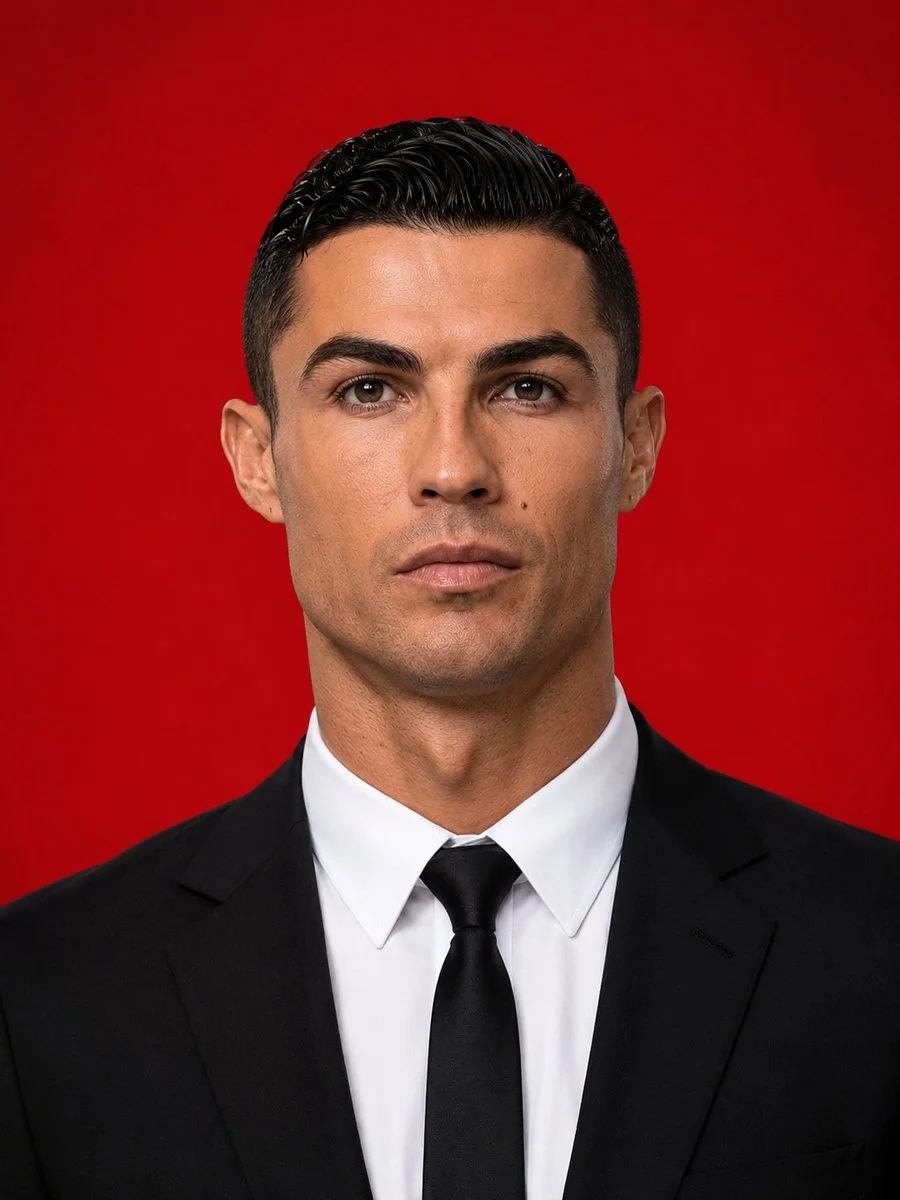A confident man in a black suit poses against vivid red backdrop