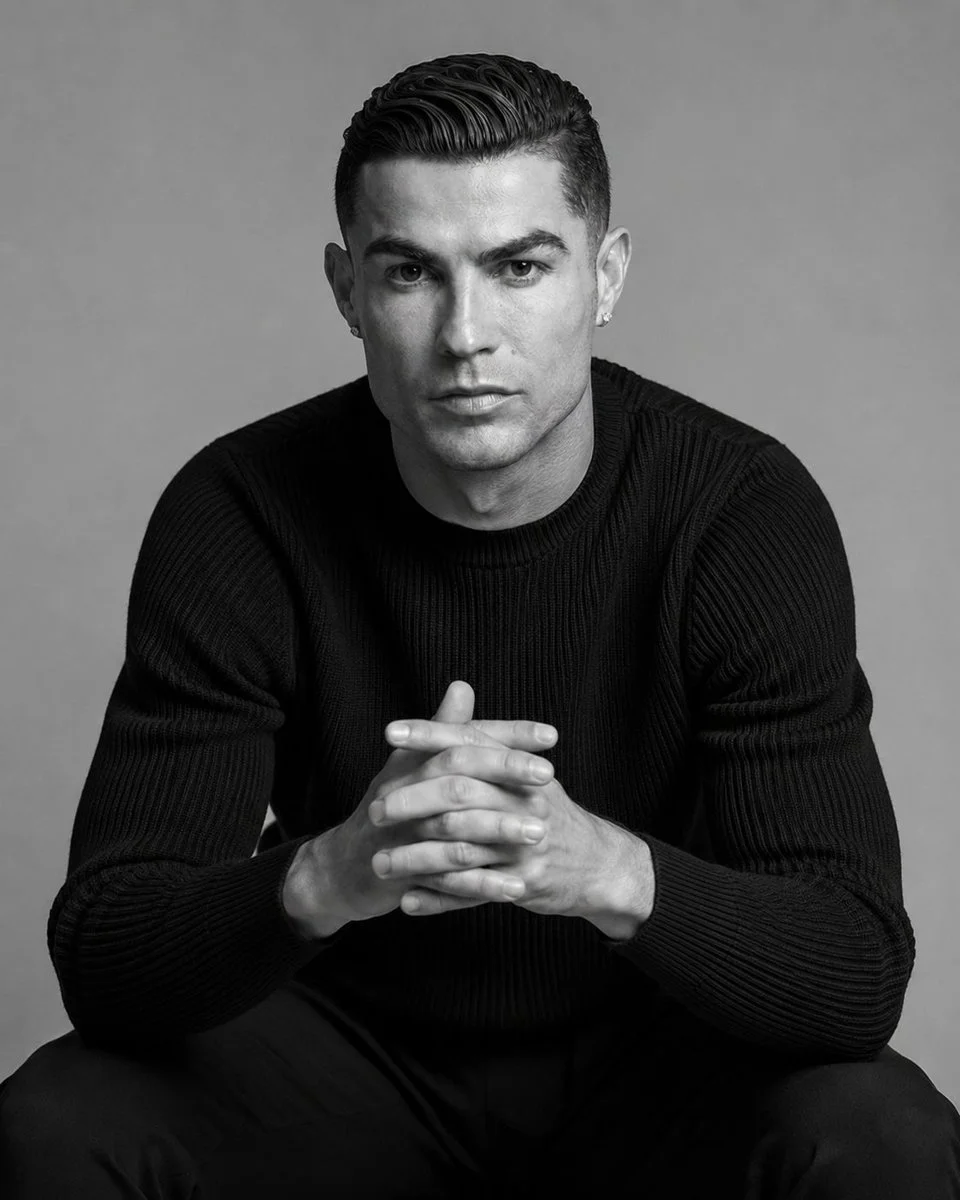 A confident man in a black sweater poses for a luxury studio portrait