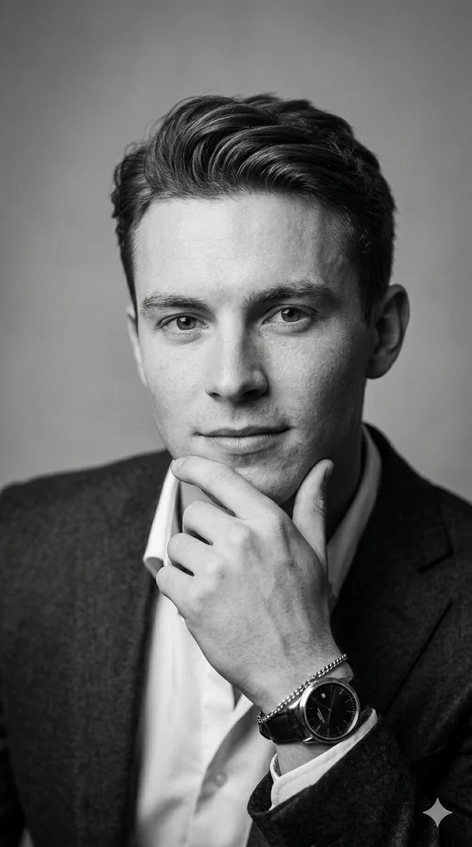 A confident man in a dark blazer looks directly at the camera