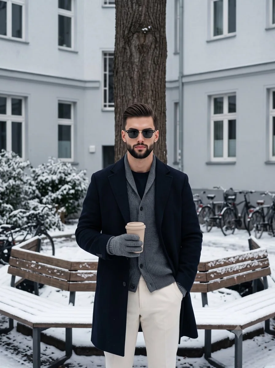 A confident man in a navy coat holds coffee in snowy courtyard