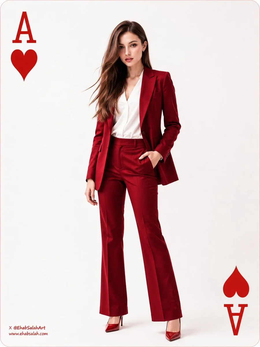 A confident man in a tailored red suit poses elegantly