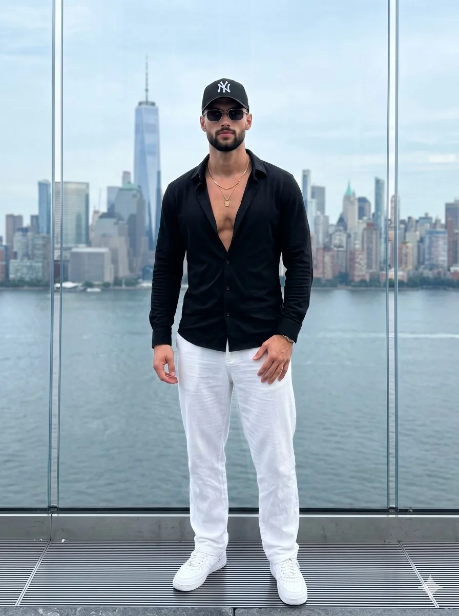 A confident man in black and white stands before Manhattan skyline