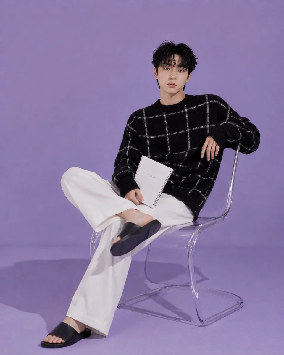 A confident man in black knitwear poses in a lavender studio