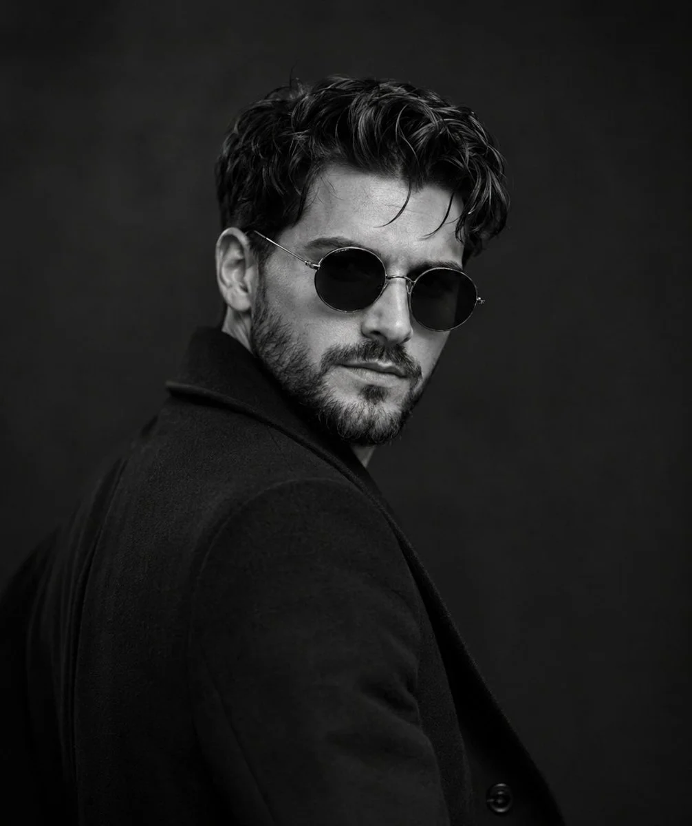 A confident man in black overcoat turns with intense gaze