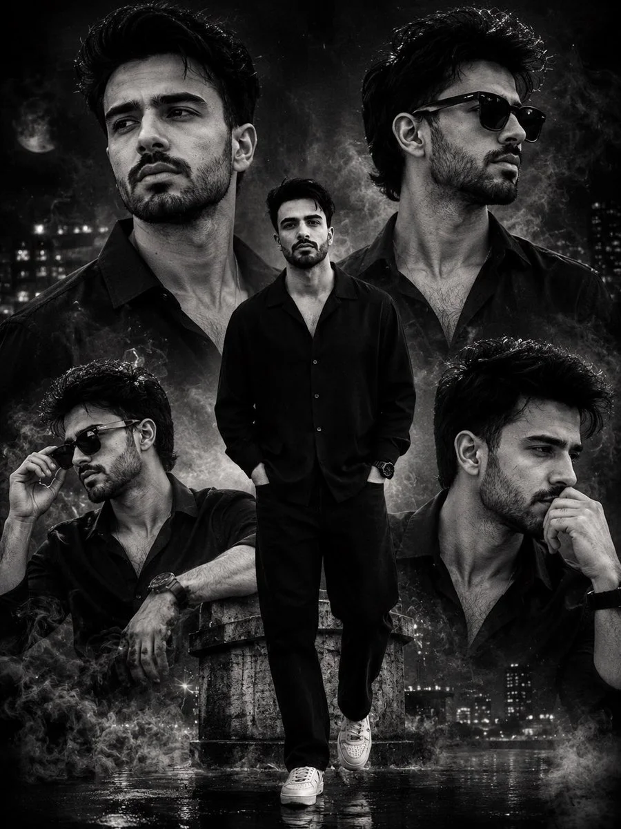 A confident man in black poses on a smoky rooftop at night