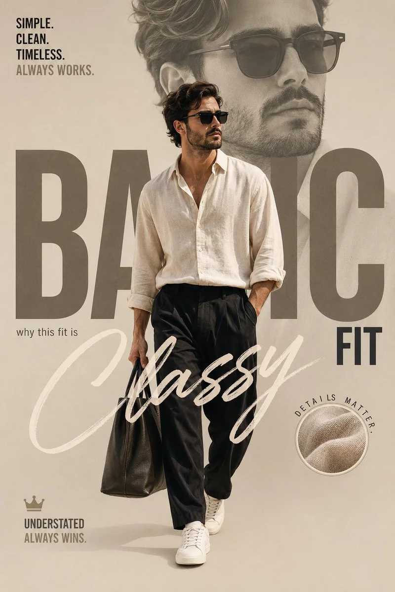 A confident man in cream linen walks through minimalist beige tones.