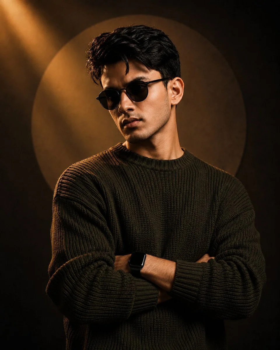 A confident man in olive knitwear stands bathed in golden spotlight