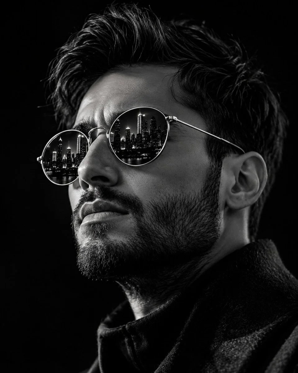 A confident man in silver sunglasses reflects a city skyline at night