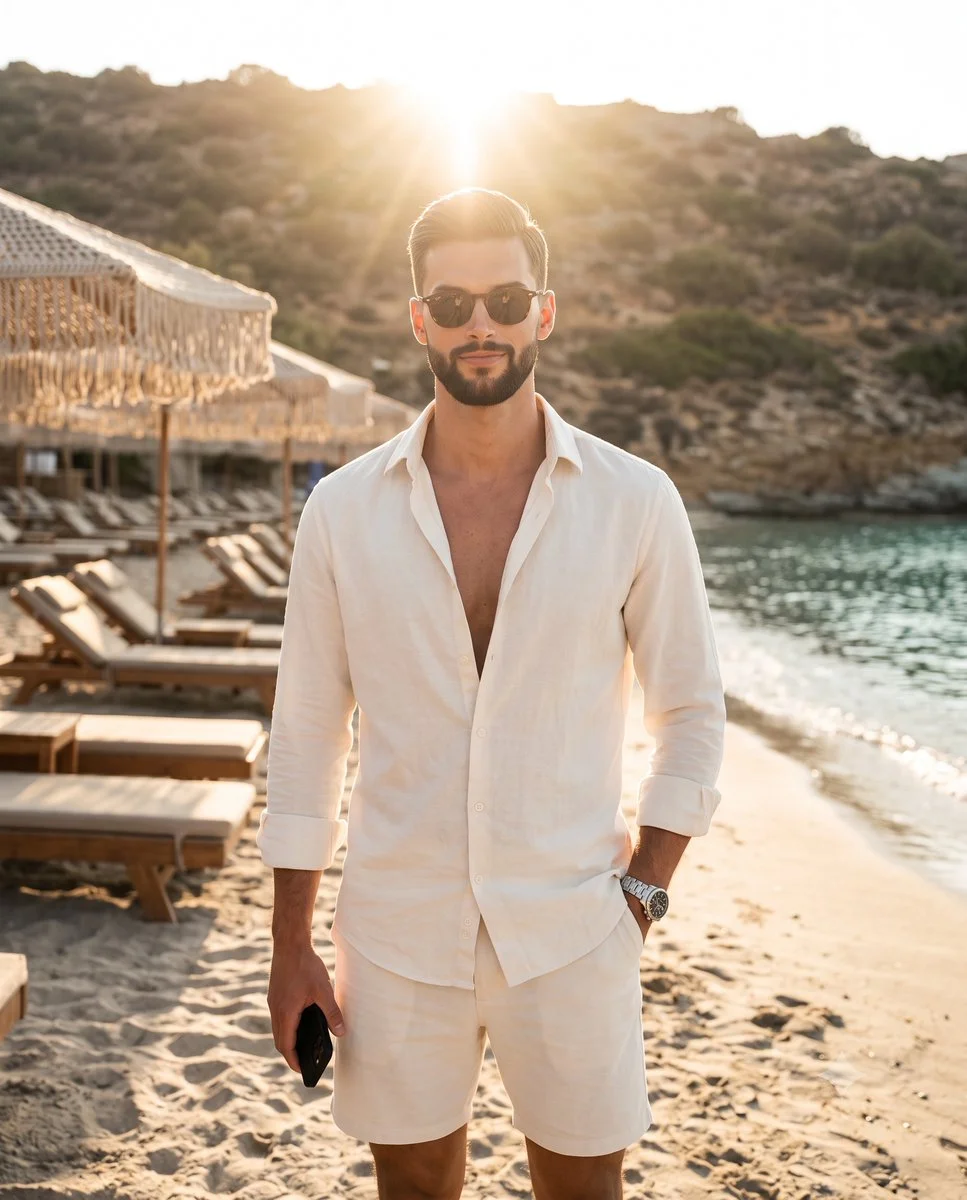 A confident man in white stands relaxed on a sunny beach