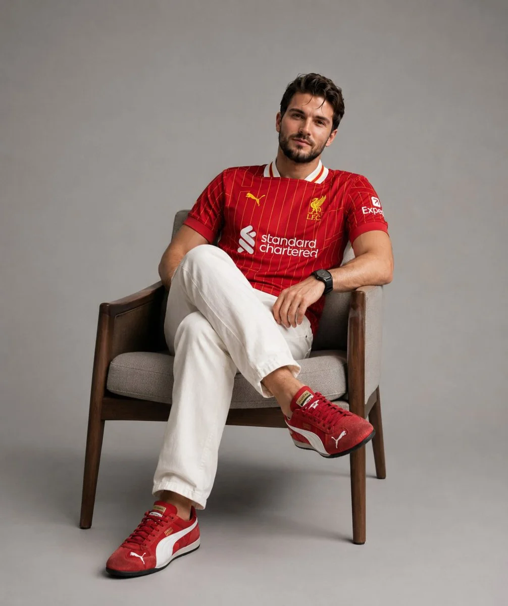 A confident man sits on a luxury chair wearing Liverpool jersey