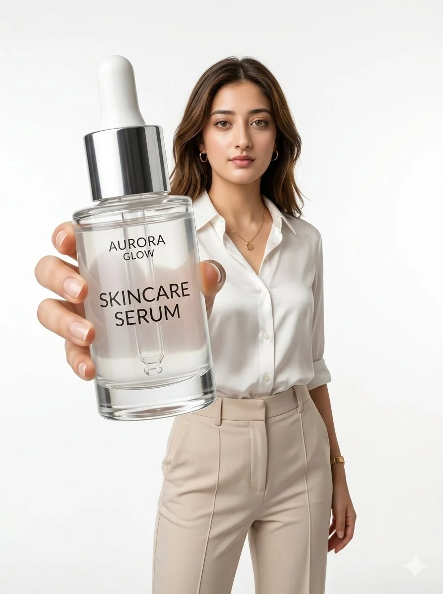 A confident model holds a giant serum bottle toward the camera.