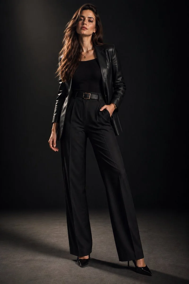 A confident Portuguese woman in black leather poses under dramatic spotlight