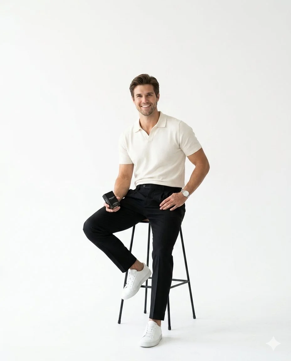 A confident professional sits on stool in bright studio