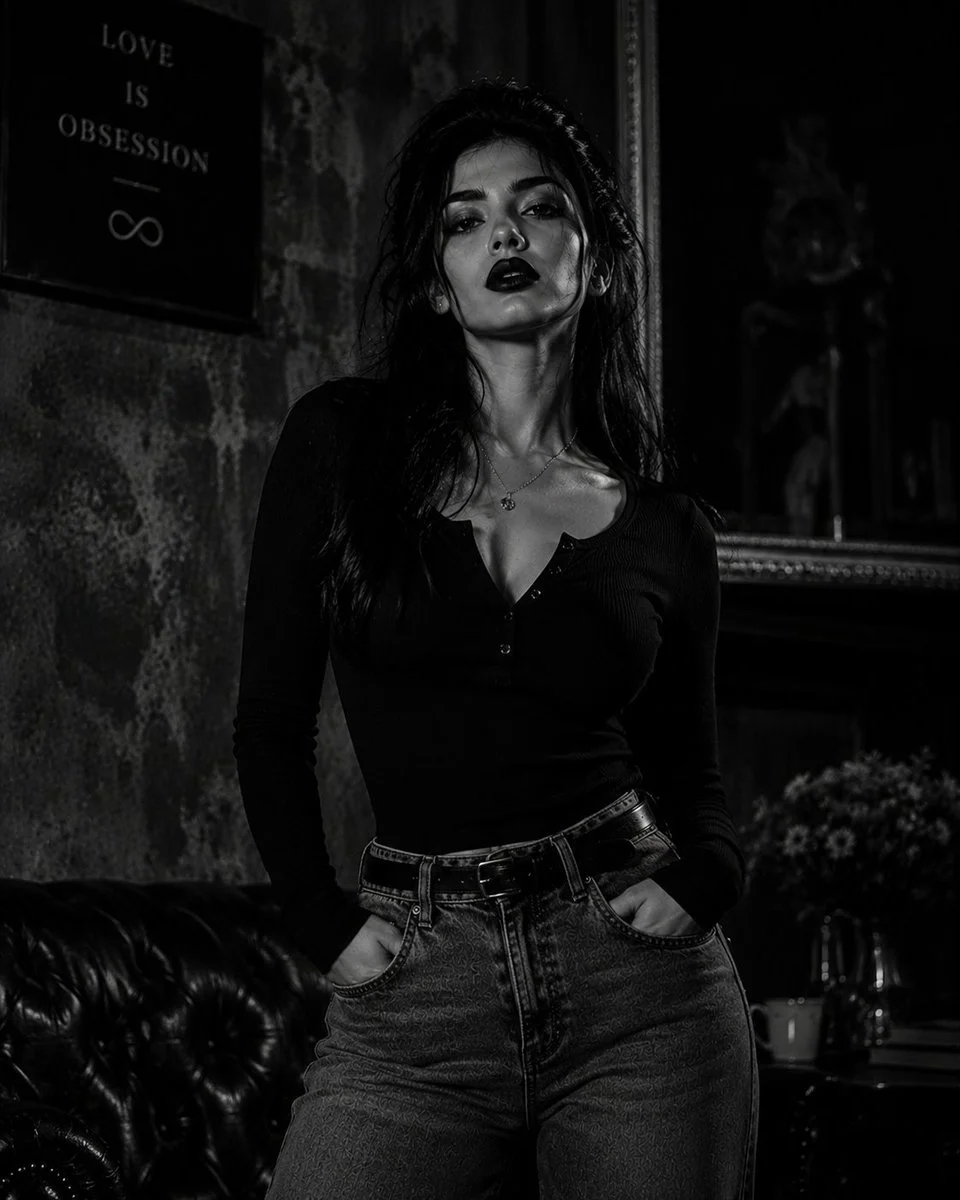 A confident queen in black leather commands the urban night