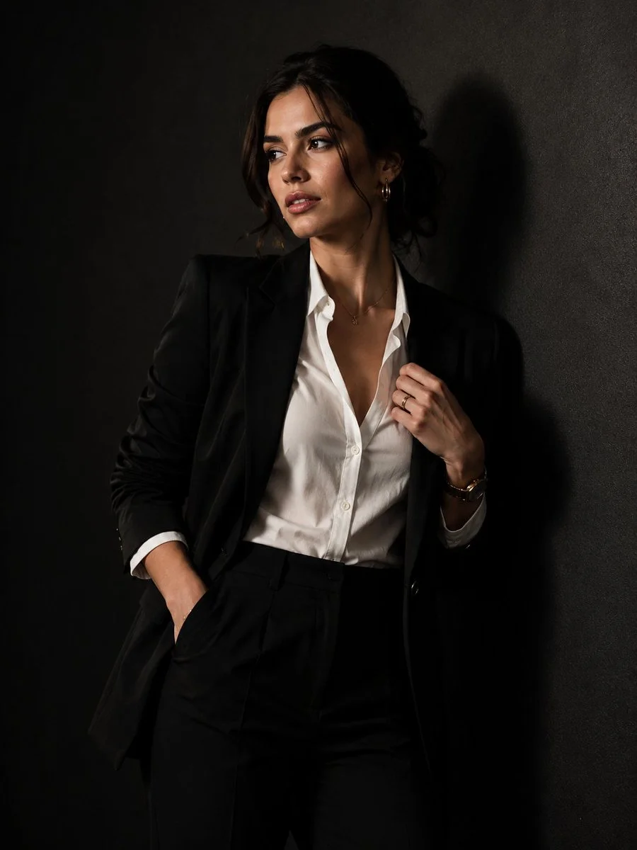 A confident woman in a black blazer leans against a dark wall.